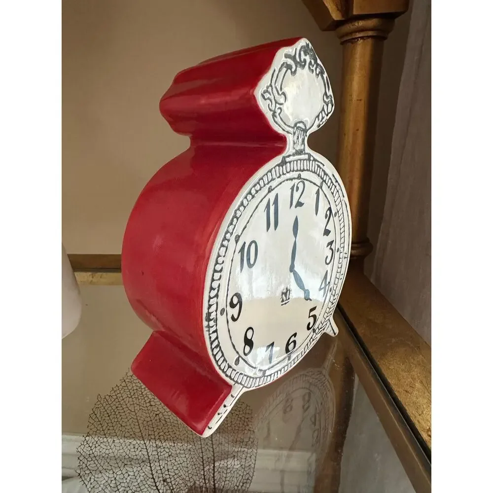Anthropologie Tick Tock Clock MOLLY HATCH Red Ceramic, White Face
